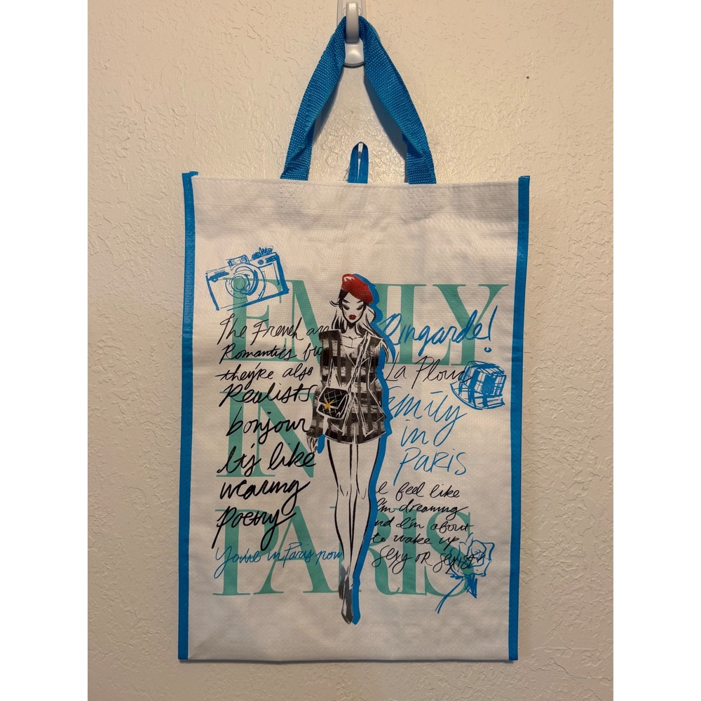 Emily in Paris Reusable Shopping Tote Bag White Blue Fashion Beret Netflix NWT